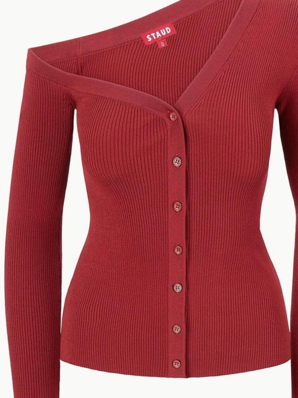 STAUD Off-Shoulder Ribbed Button-Front Sweater - Rust Red